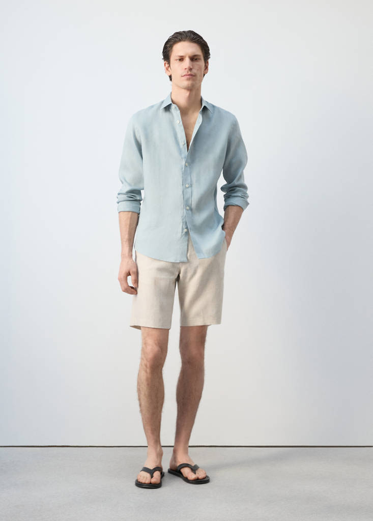 Regular-fit 100% linen shirt — China Blue