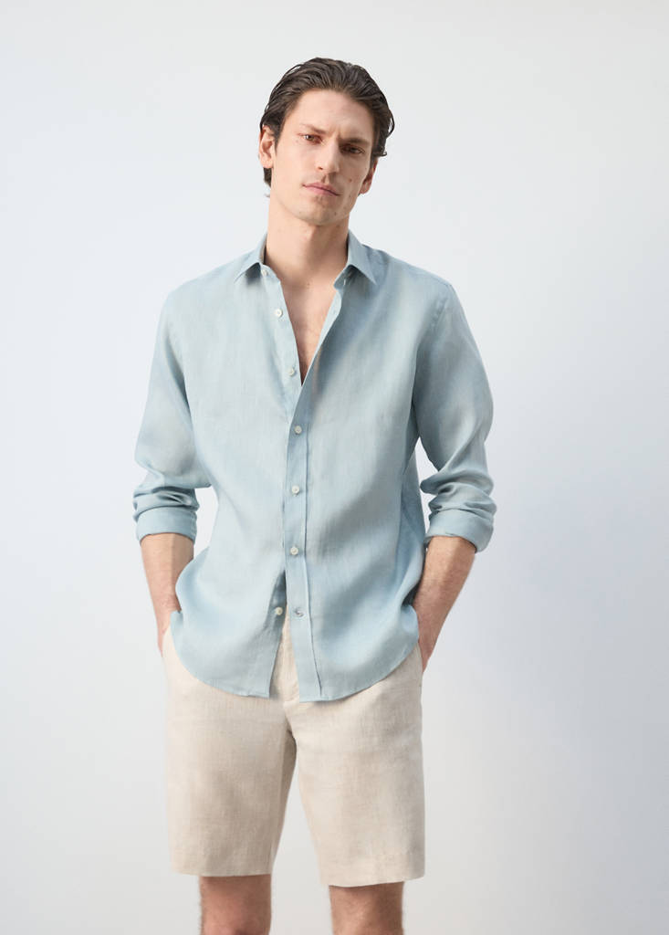 Regular-fit 100% linen shirt — China Blue