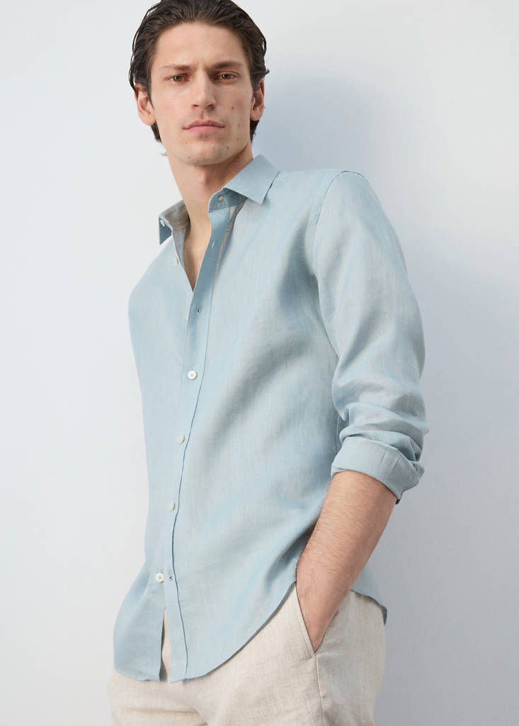 Regular-fit 100% linen shirt — China Blue