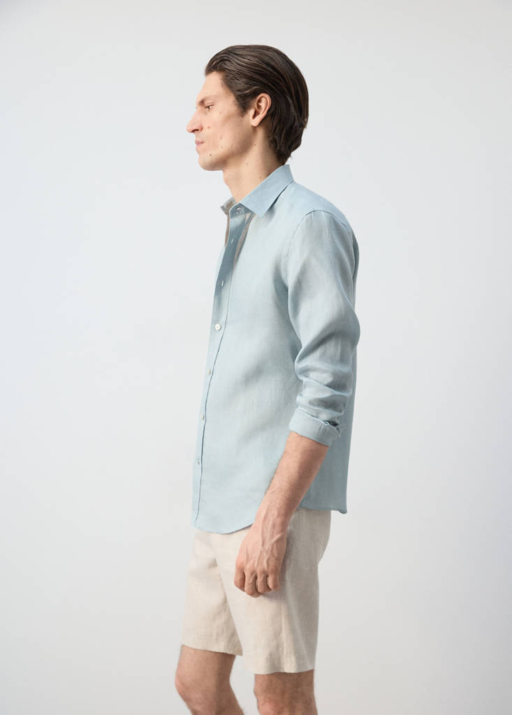 Regular-fit 100% linen shirt — China Blue
