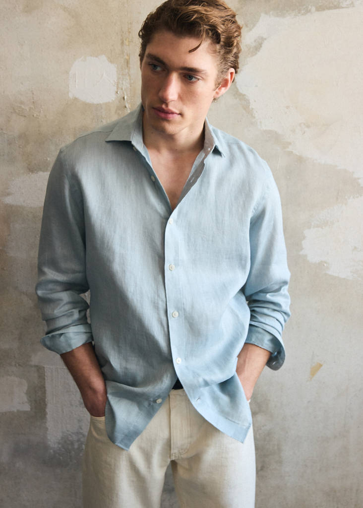 Regular-fit 100% linen shirt — China Blue