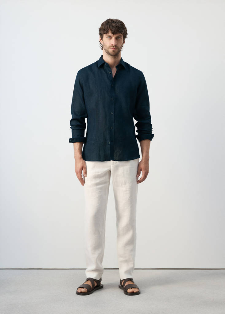 Regular-fit 100% linen shirt — Night Blue
