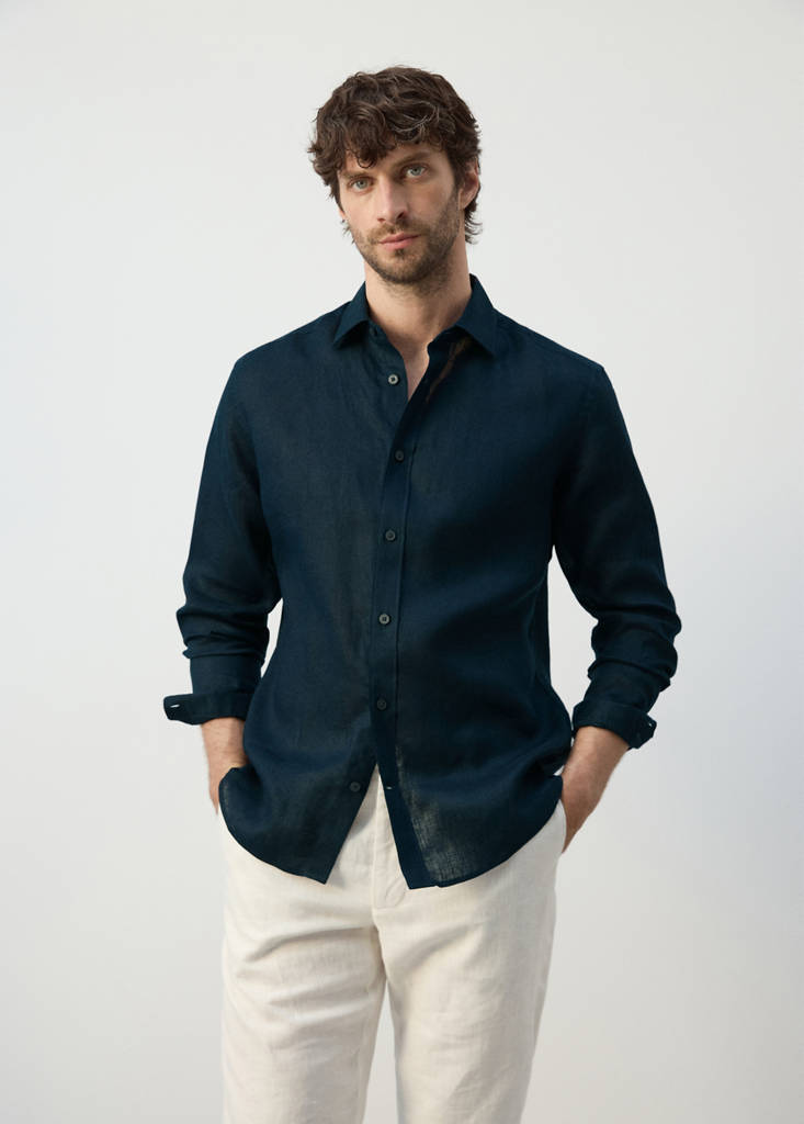 Regular-fit 100% linen shirt — Night Blue