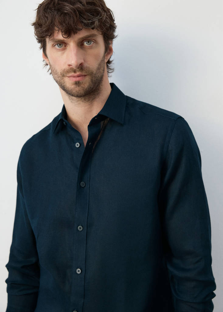 Regular-fit 100% linen shirt — Night Blue