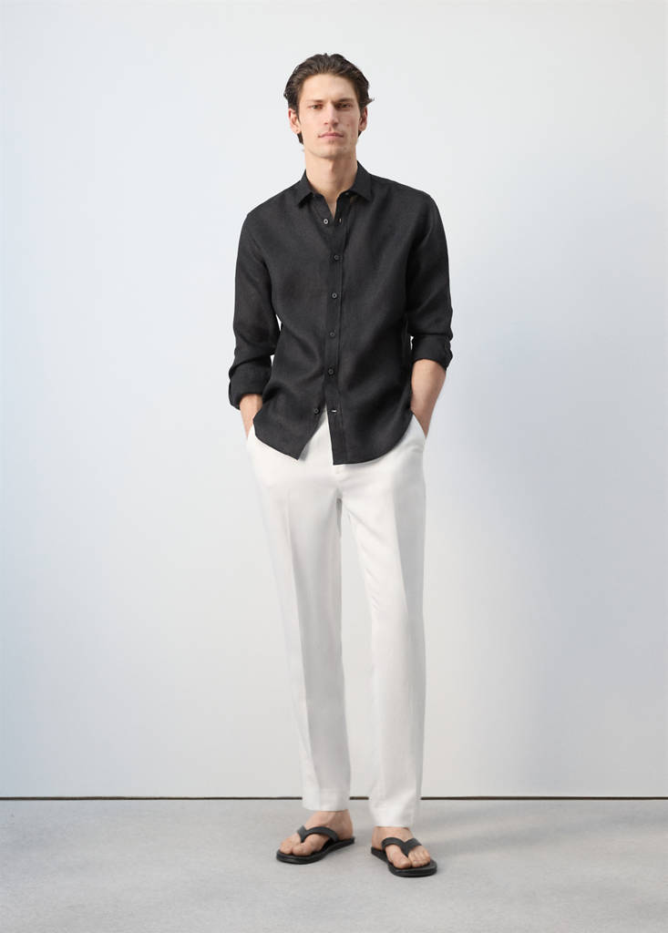 Regular-fit 100% linen shirt — Black