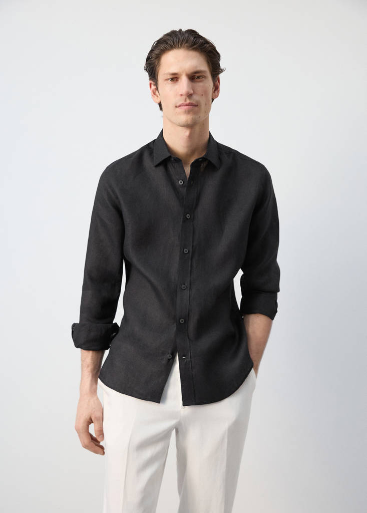 Regular-fit 100% linen shirt — Black