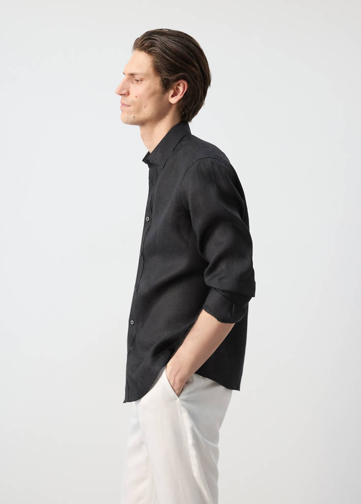 Regular-fit 100% linen shirt — Black