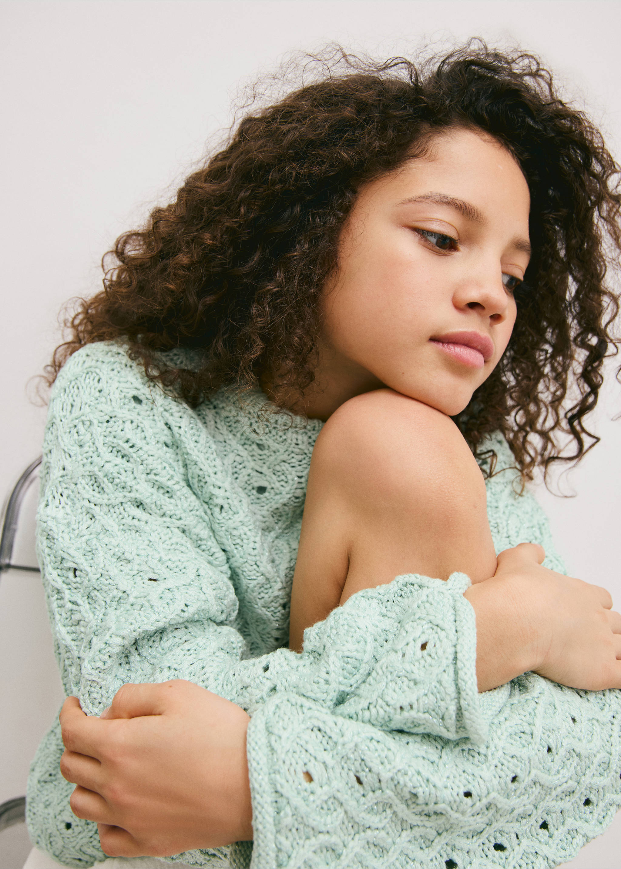 Openwork lurex knit sweater - Details of the article 1, Aqua Green. Ref: 27085978-00.