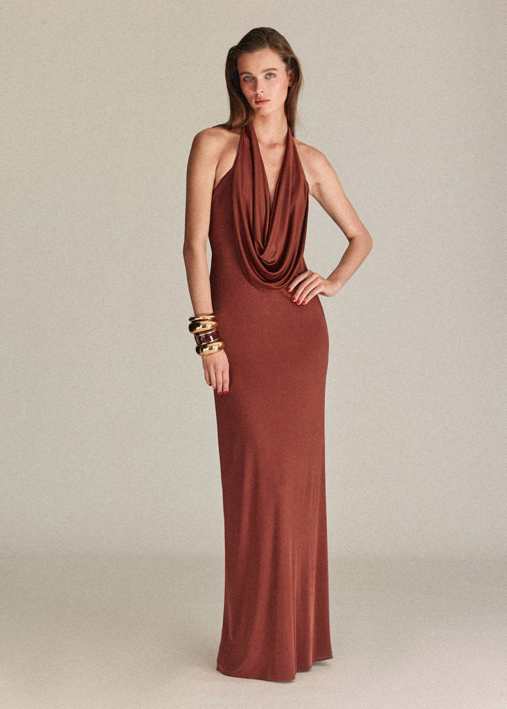 Satin knit dress with a draped neckline — Brown
