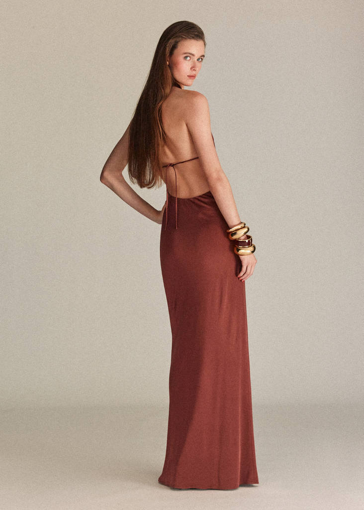 Satin knit dress with a draped neckline — Brown