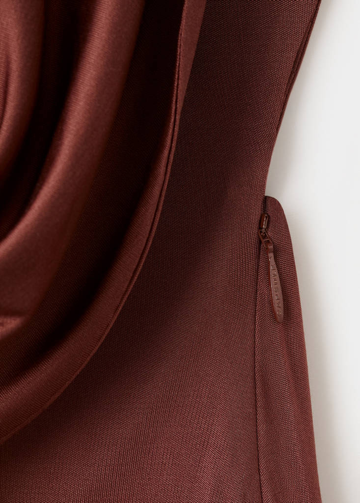 Satin knit dress with a draped neckline — Brown