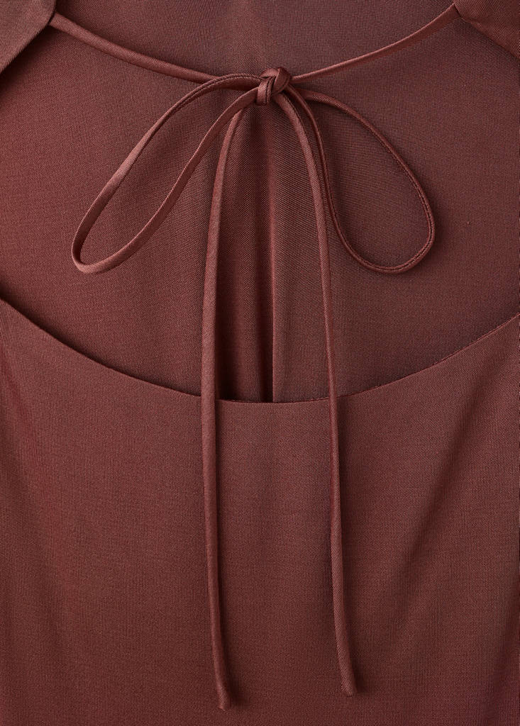 Satin knit dress with a draped neckline — Brown