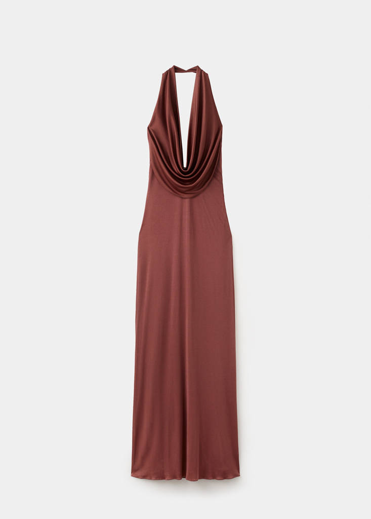 Satin knit dress with a draped neckline — Brown