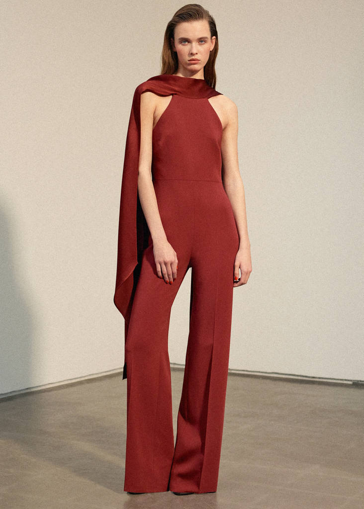 Halter neck jumpsuit with combined detailing — Burnt Orange