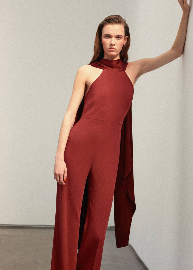 Halter neck jumpsuit with combined detailing — Burnt Orange