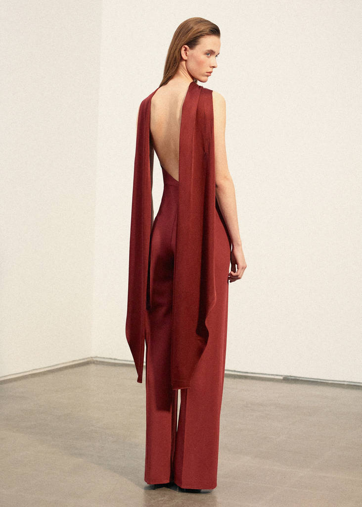 Halter neck jumpsuit with combined detailing — Burnt Orange