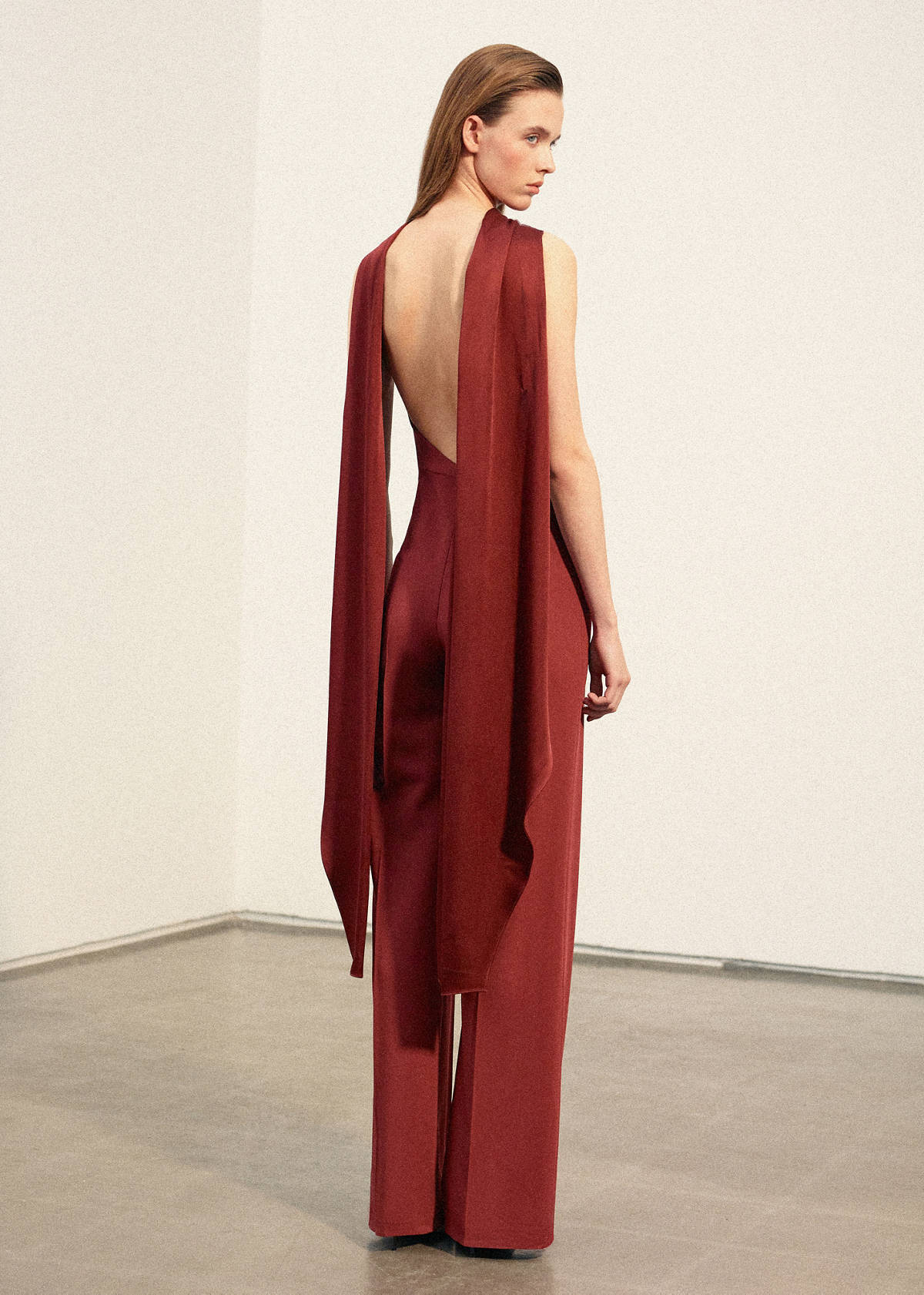 Halter neck jumpsuit with combined detailing — Burnt Orange