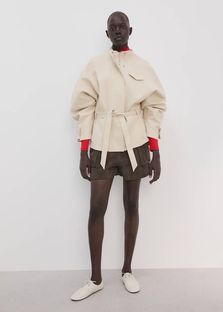 High-neck belted jacket — Beige