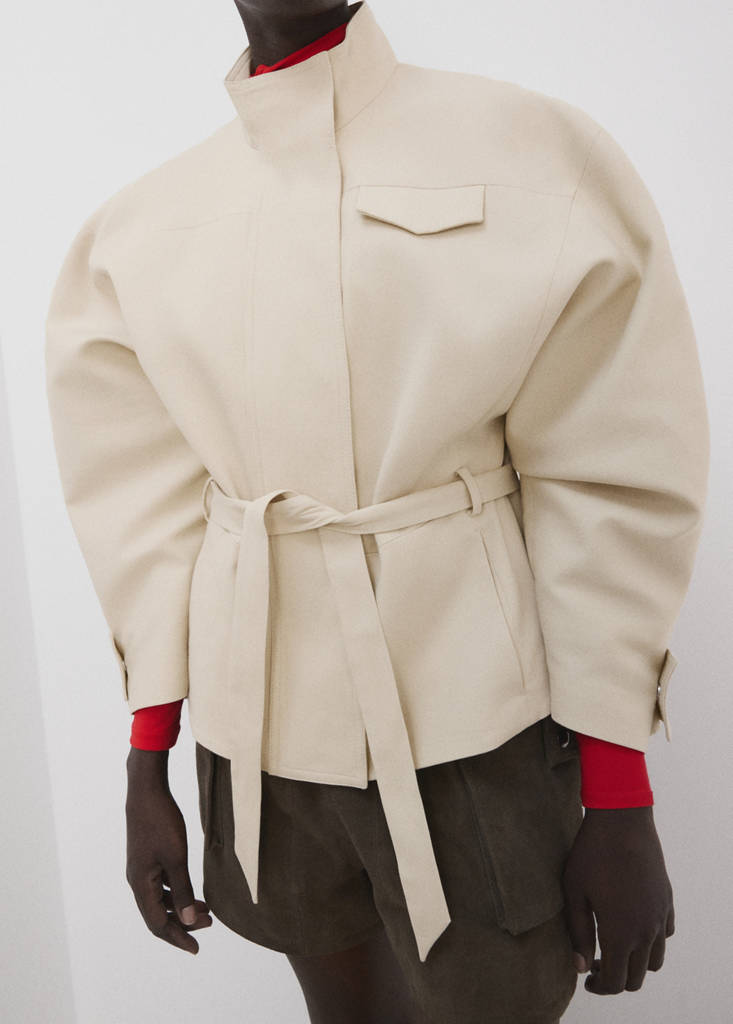 High-neck belted jacket — Beige
