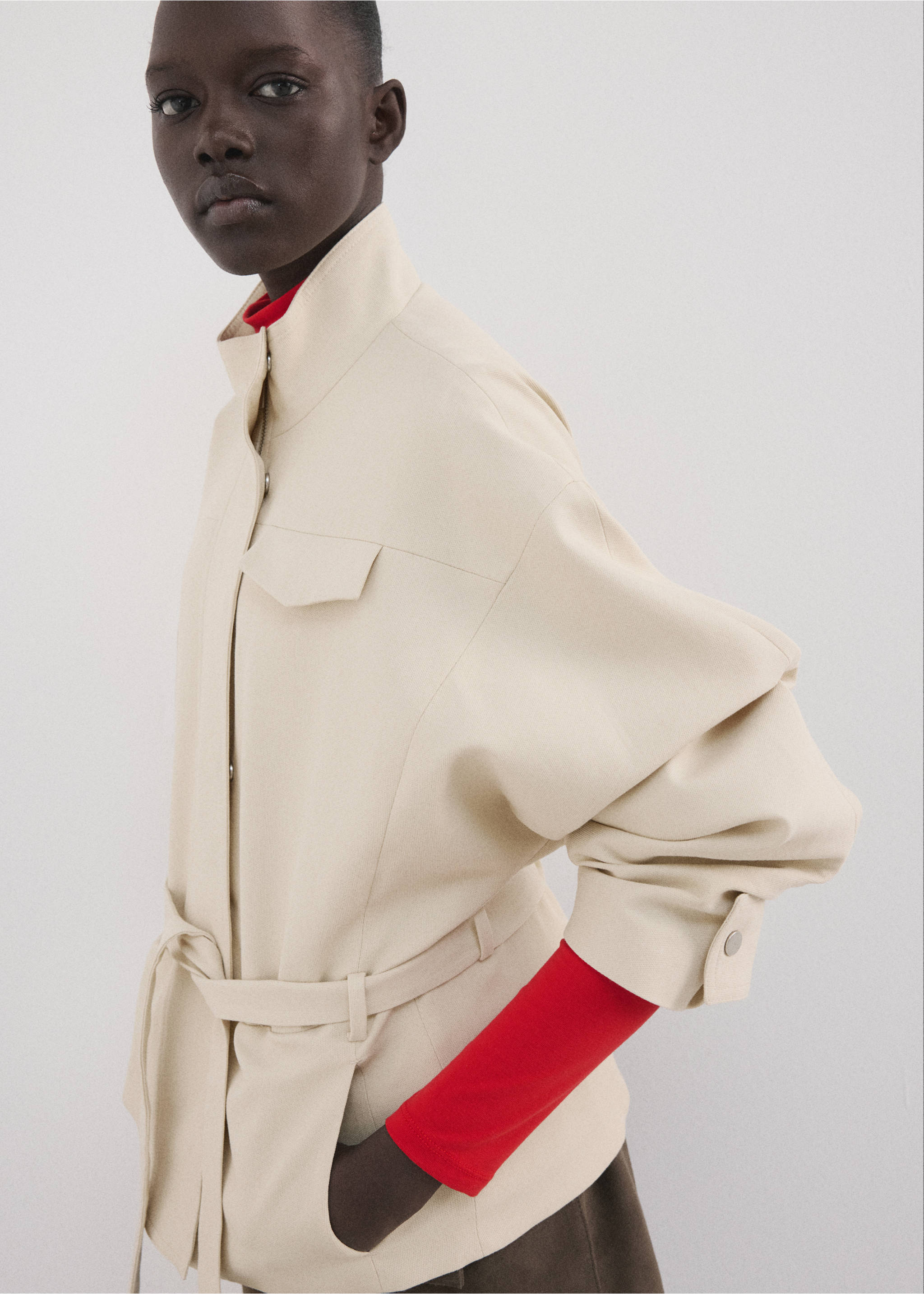 High-neck belted jacket - Details of the article 1, Beige. Ref: 27086000-00.