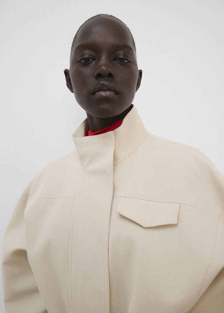 High-neck belted jacket — Beige