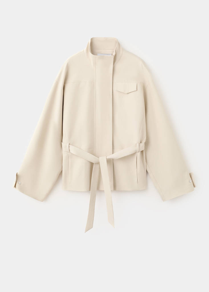 High-neck belted jacket — Beige