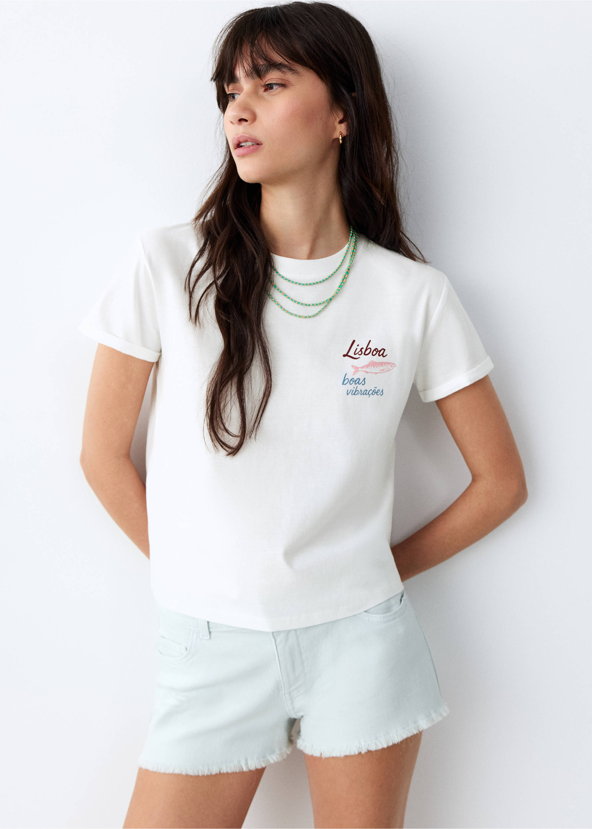 Хлопковая футболка с принтом - Средний план, Грязно-белый. Ref: 27086354-00.