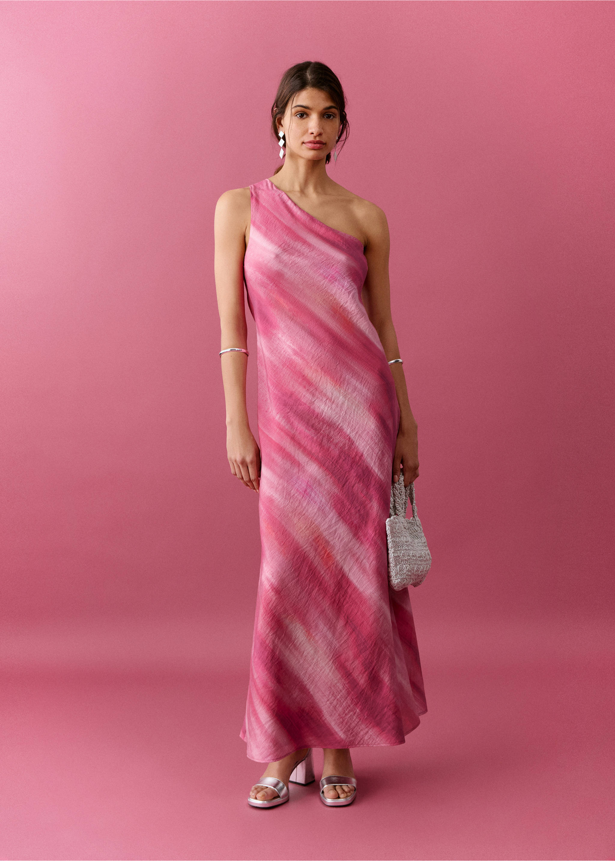 Vestido tie-dye asimétrico - Plano general, Fucsia. Ref: 27086358-00.