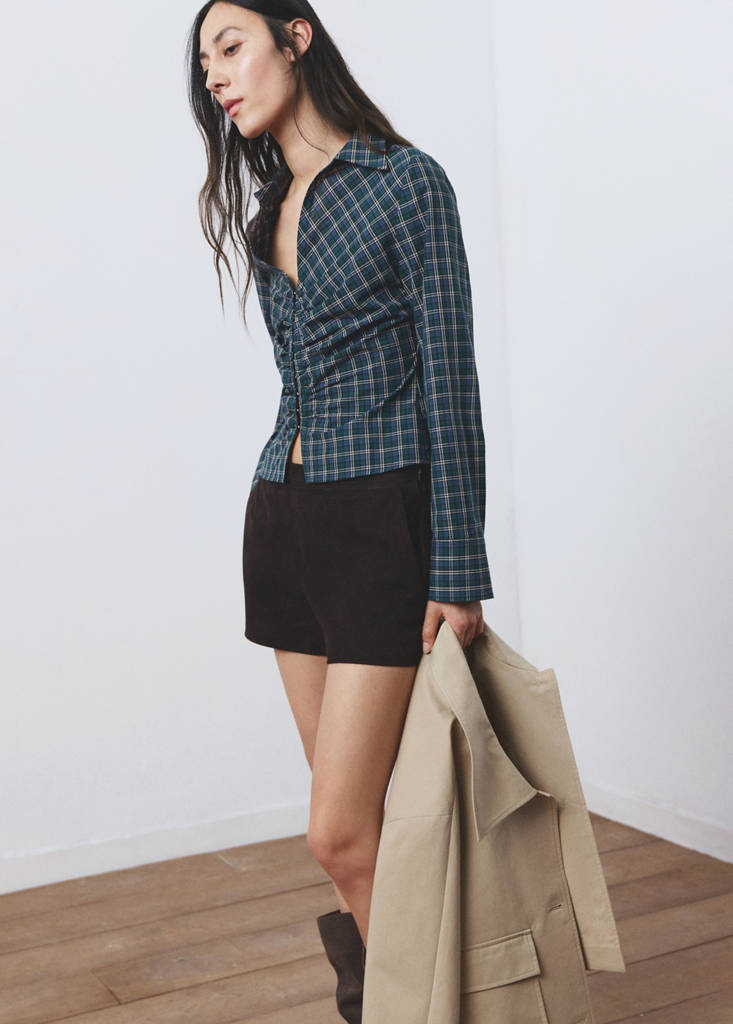 Gathered check blouse — Blue