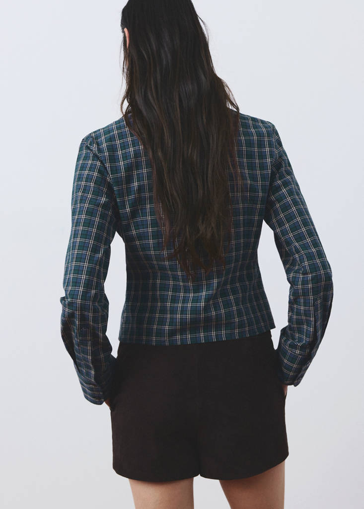 Gathered check blouse — Blue