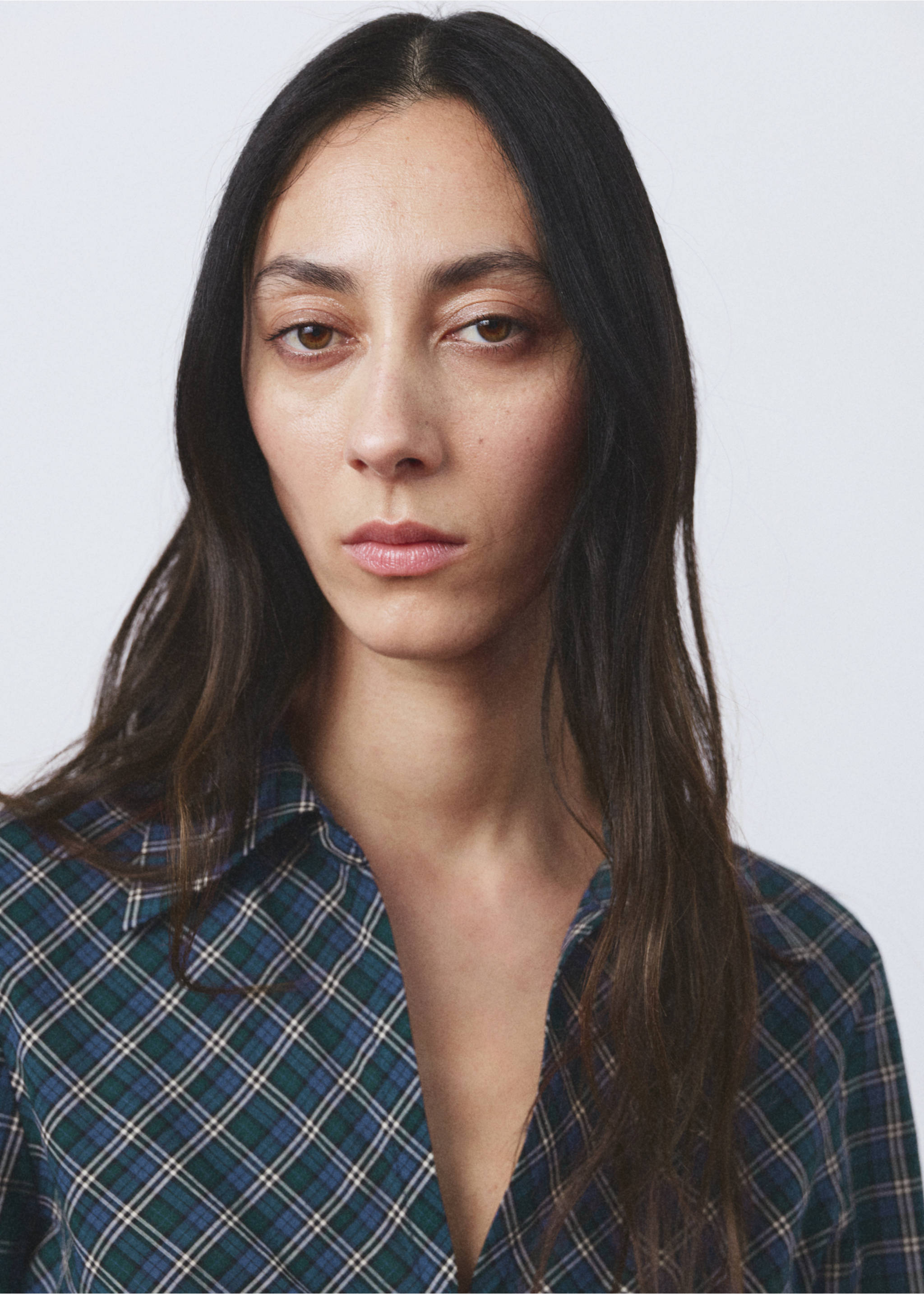 Gathered check blouse - Details of the article 1, Blue. Ref: 27086361-00.