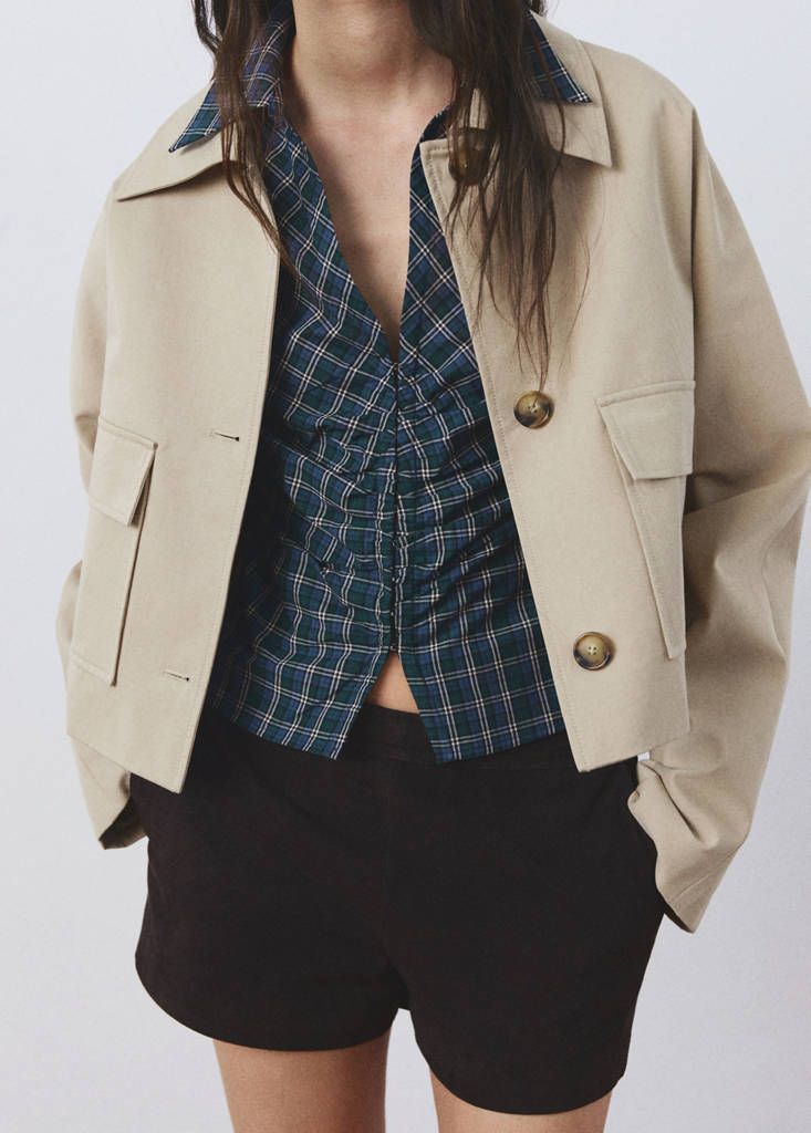 Gathered check blouse — Blue
