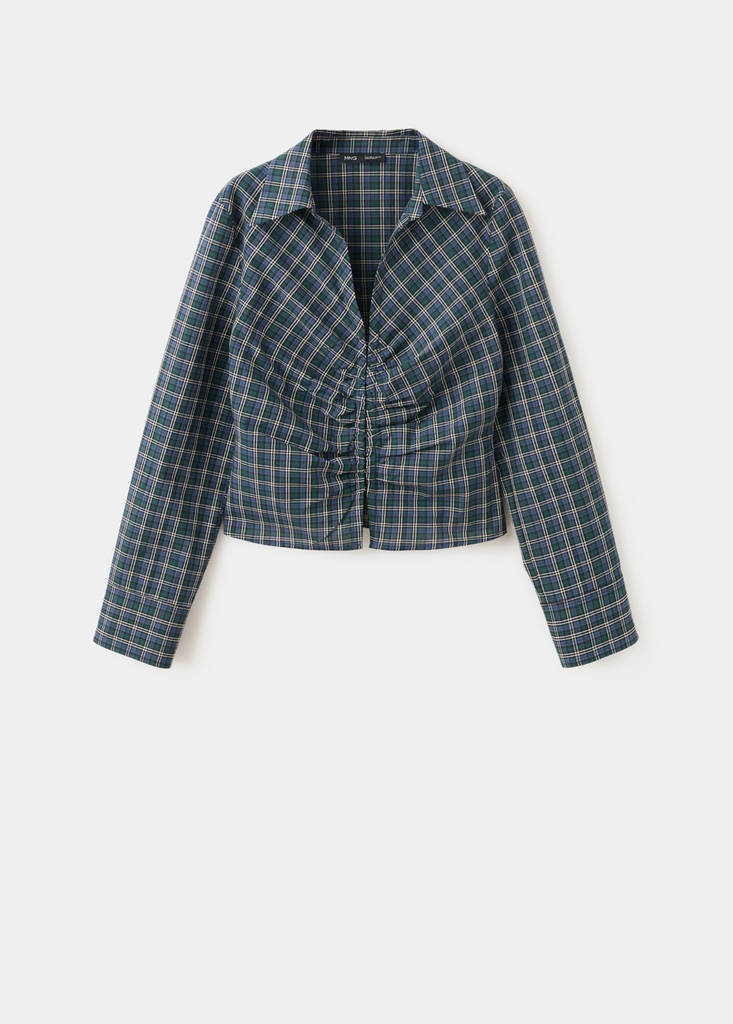 Gathered check blouse — Blue