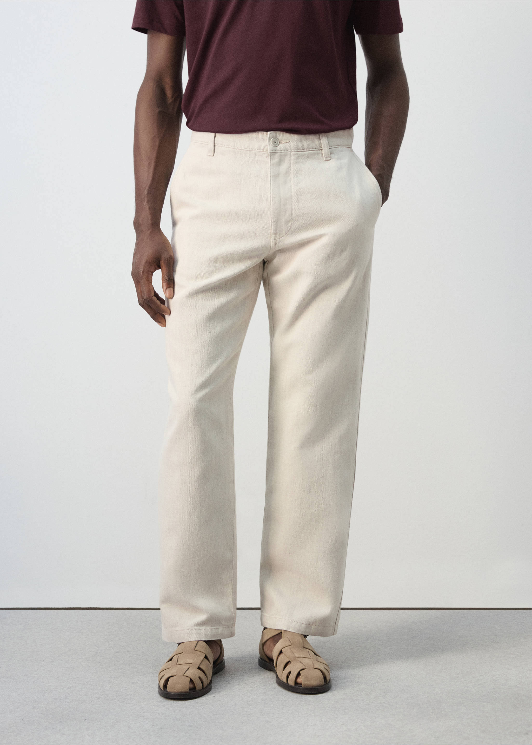 Regular fit cotton-linen blend trousers - Medium plane, Ecru. Ref: 27086710-00.