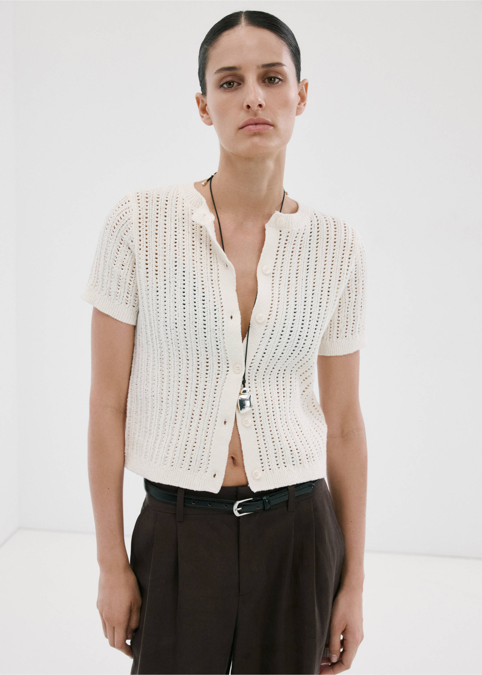 Openwork knit cardigan - Medium plane, Ecru. Ref: 27087137-00.