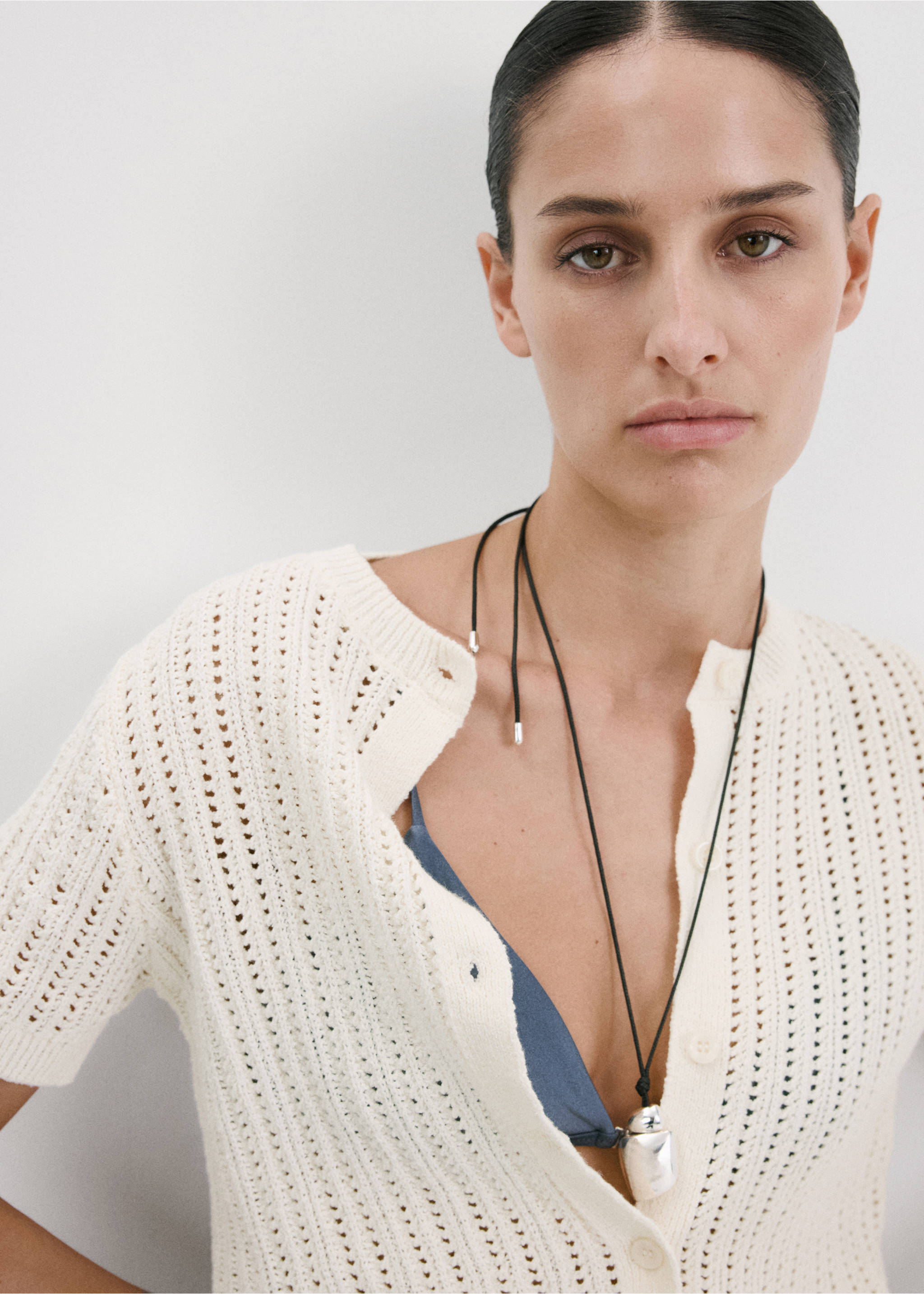 Openwork knit cardigan - Details of the article 1, Ecru. Ref: 27087137-00.