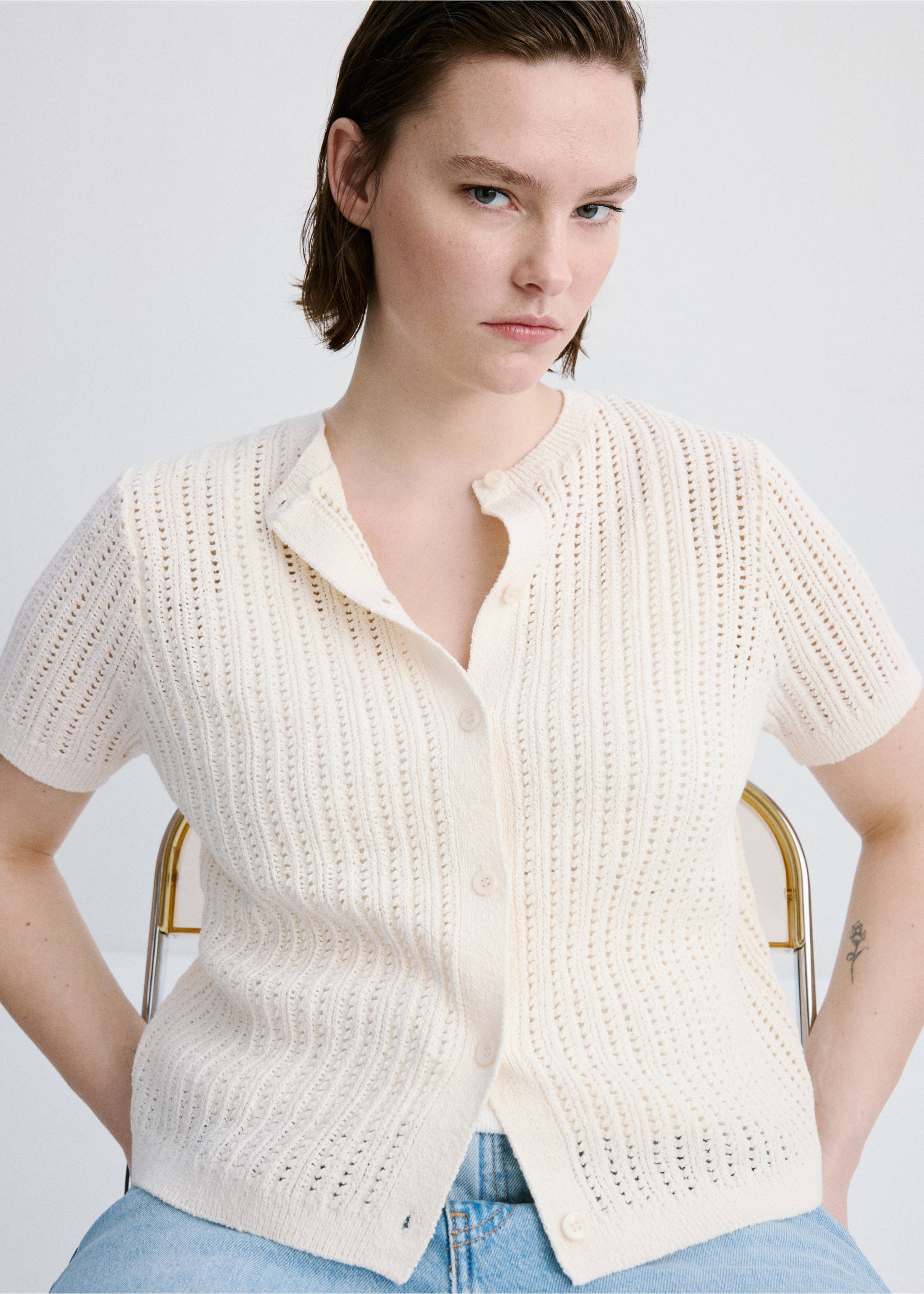 Openwork knit cardigan - Details of the article 5, Ecru. Ref: 27087137-00.