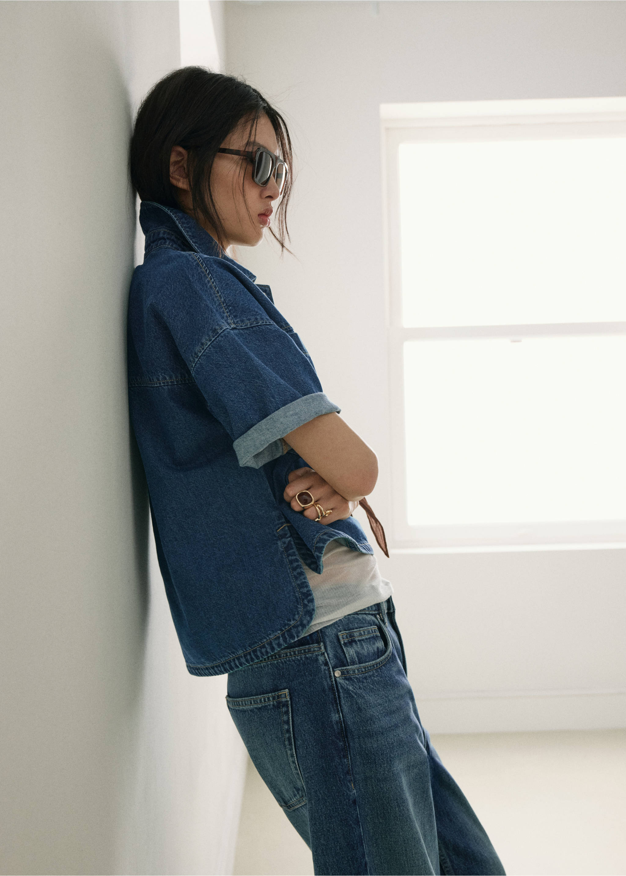 Джинсова блузка з кишенями - Детальніше про товар 6, Помірно-блакитний. Ref: 27087139-00.