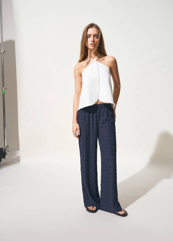 Straight trousers with embroidered details — Navy