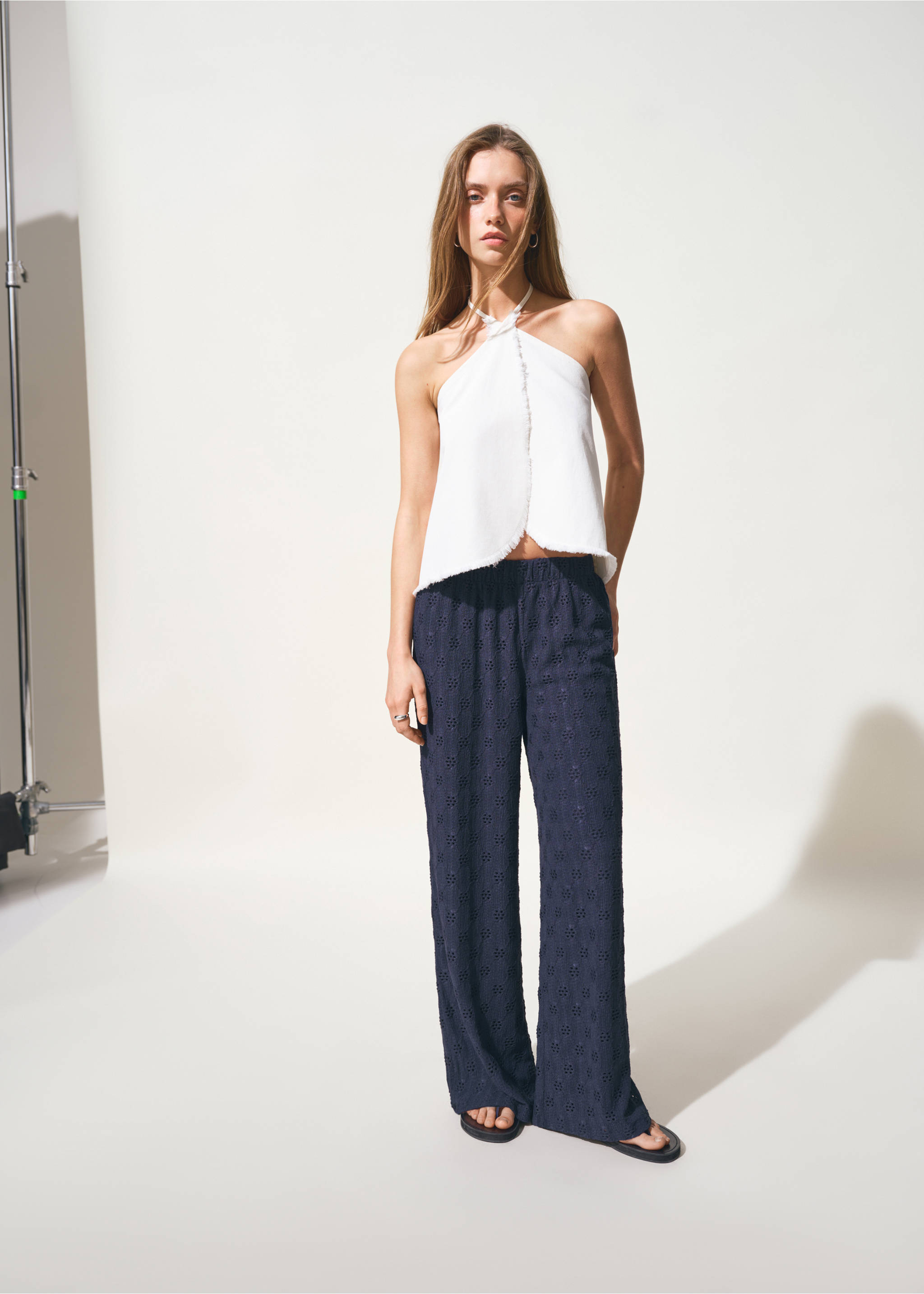 Straight trousers with embroidered details - General plane, Navy. Ref: 27087146-00.