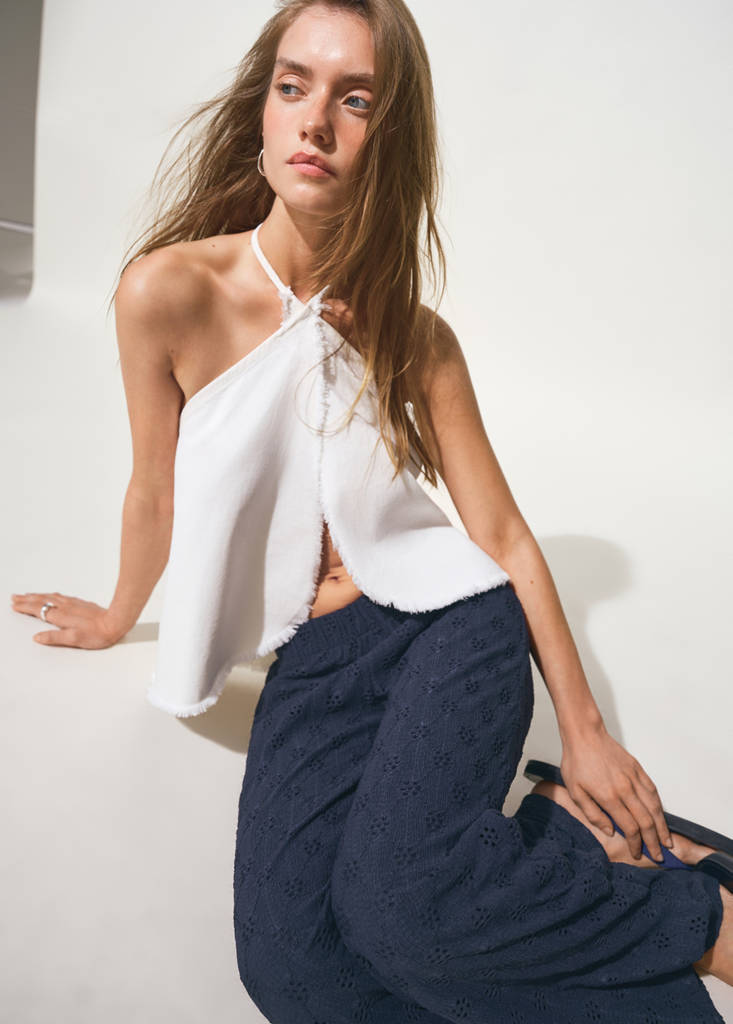 Straight trousers with embroidered details — Navy
