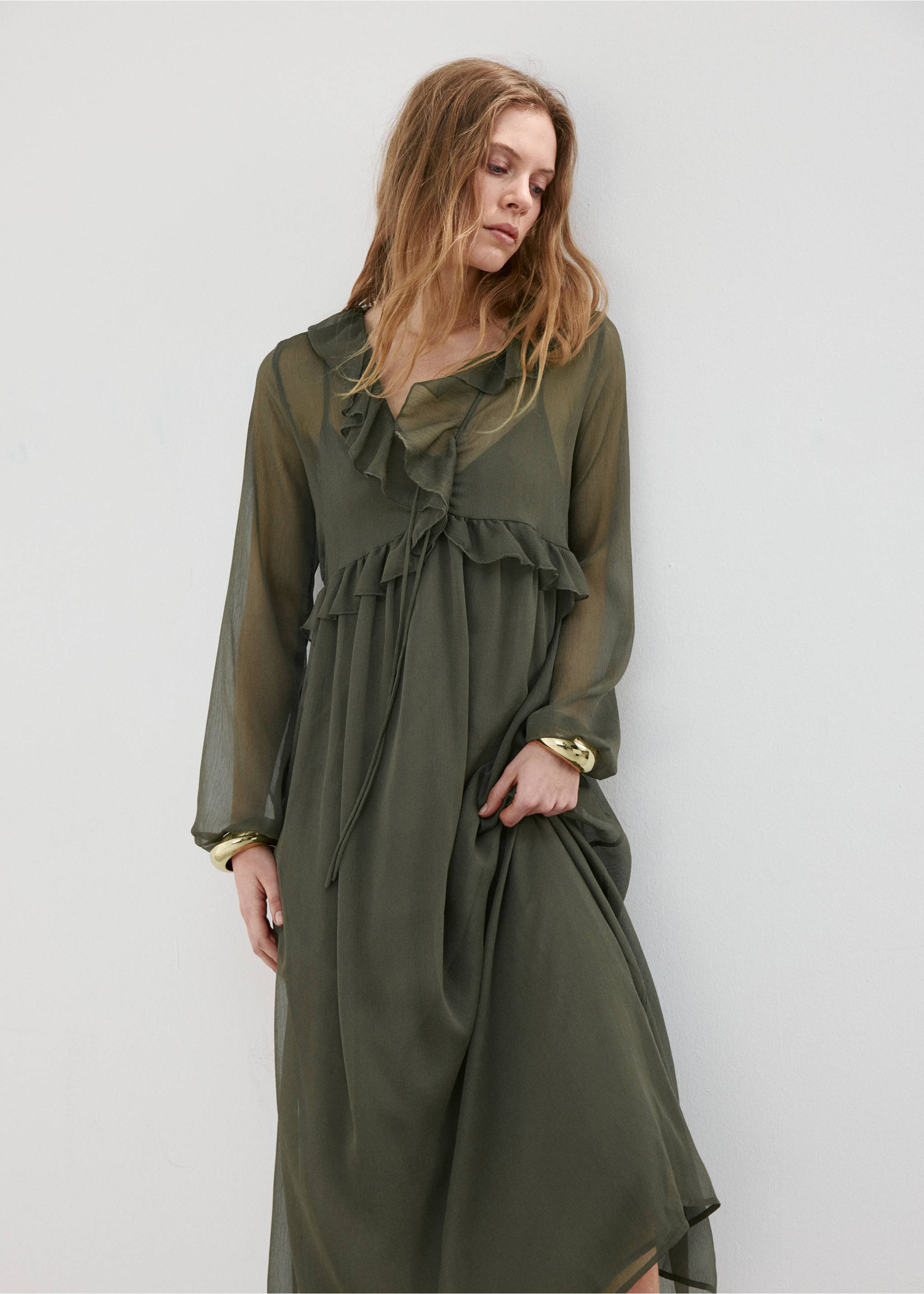 Ruffles flowy dress - Details of the article 1, Khaki. Ref: 27087149-00.