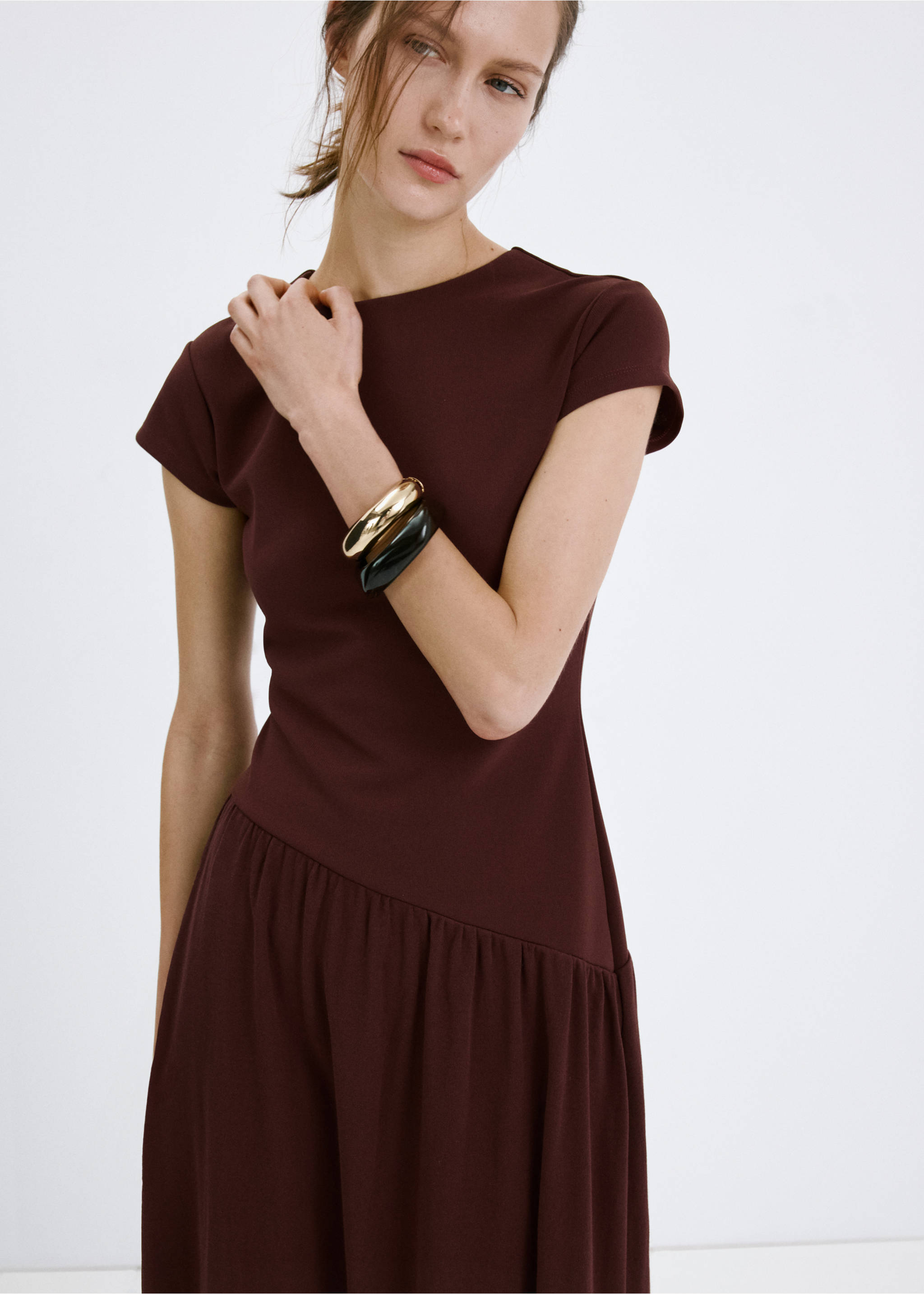 Asymmetrical midi-dress - Medium plane, Burgundy. Ref: 27087152-00.
