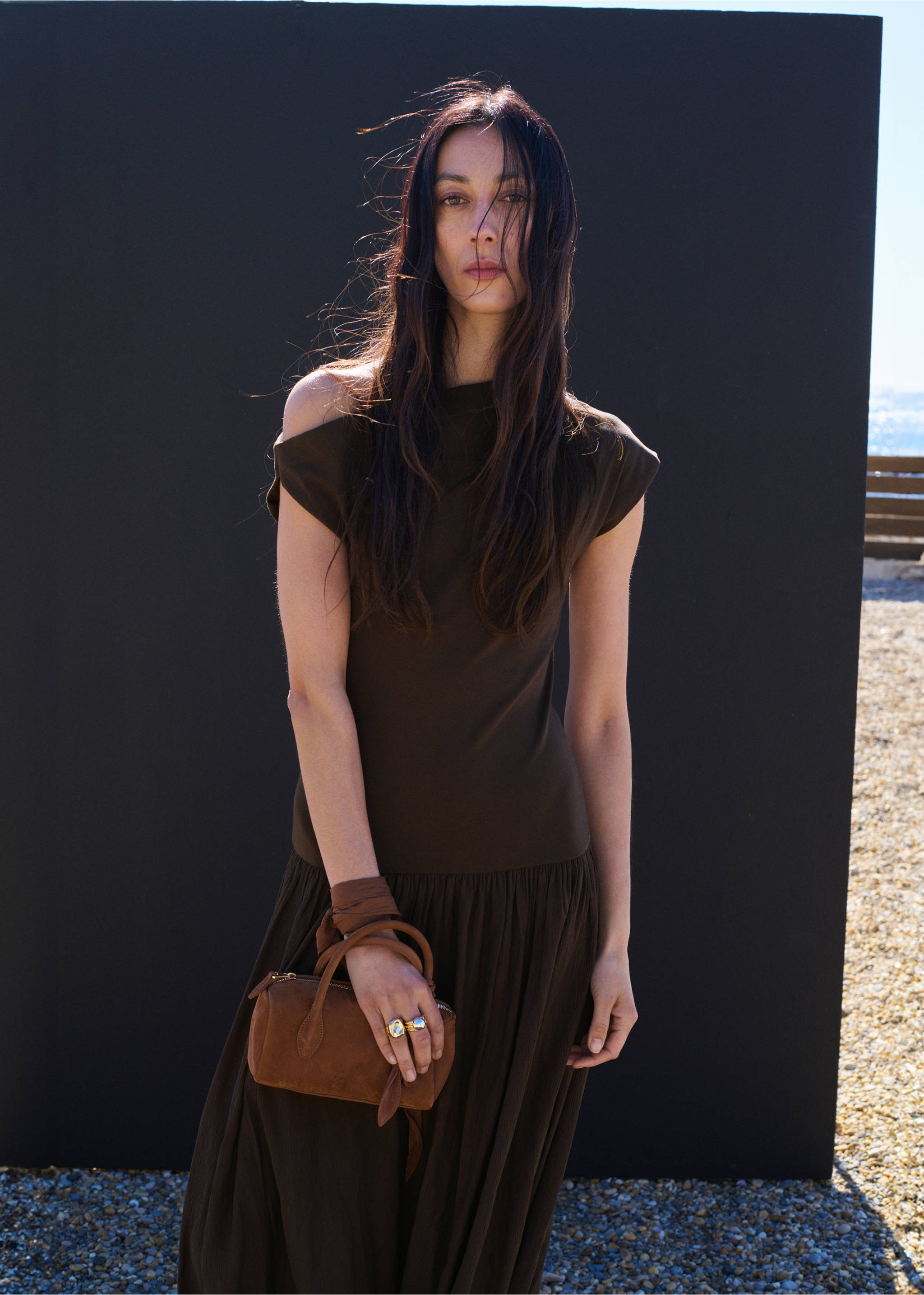 Asymmetrical flared dress - Medium plane, Brown. Ref: 27087154-00.