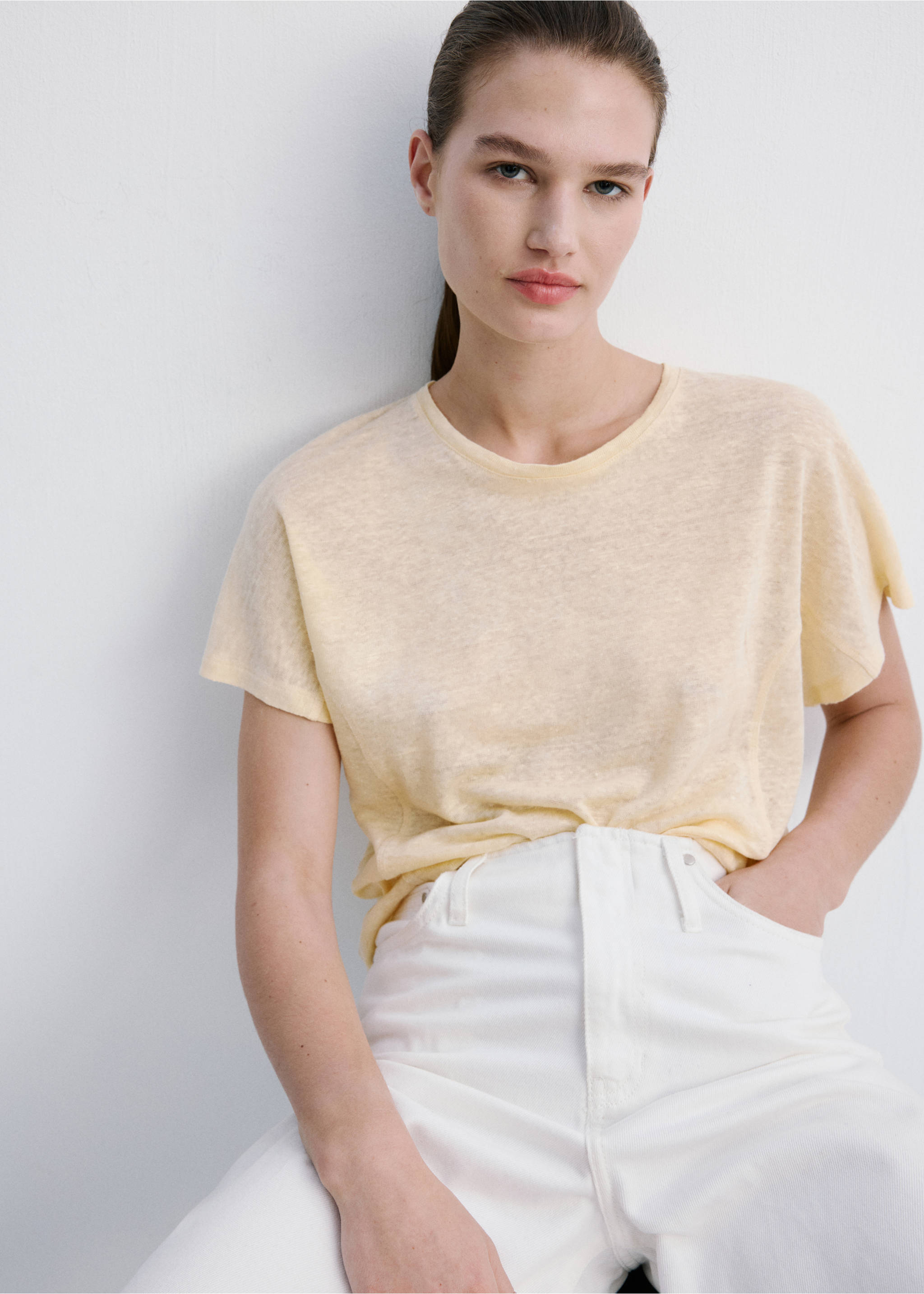 Short-sleeved linen t-shirt - Medium plane, Vanilla. Ref: 27087155-00.