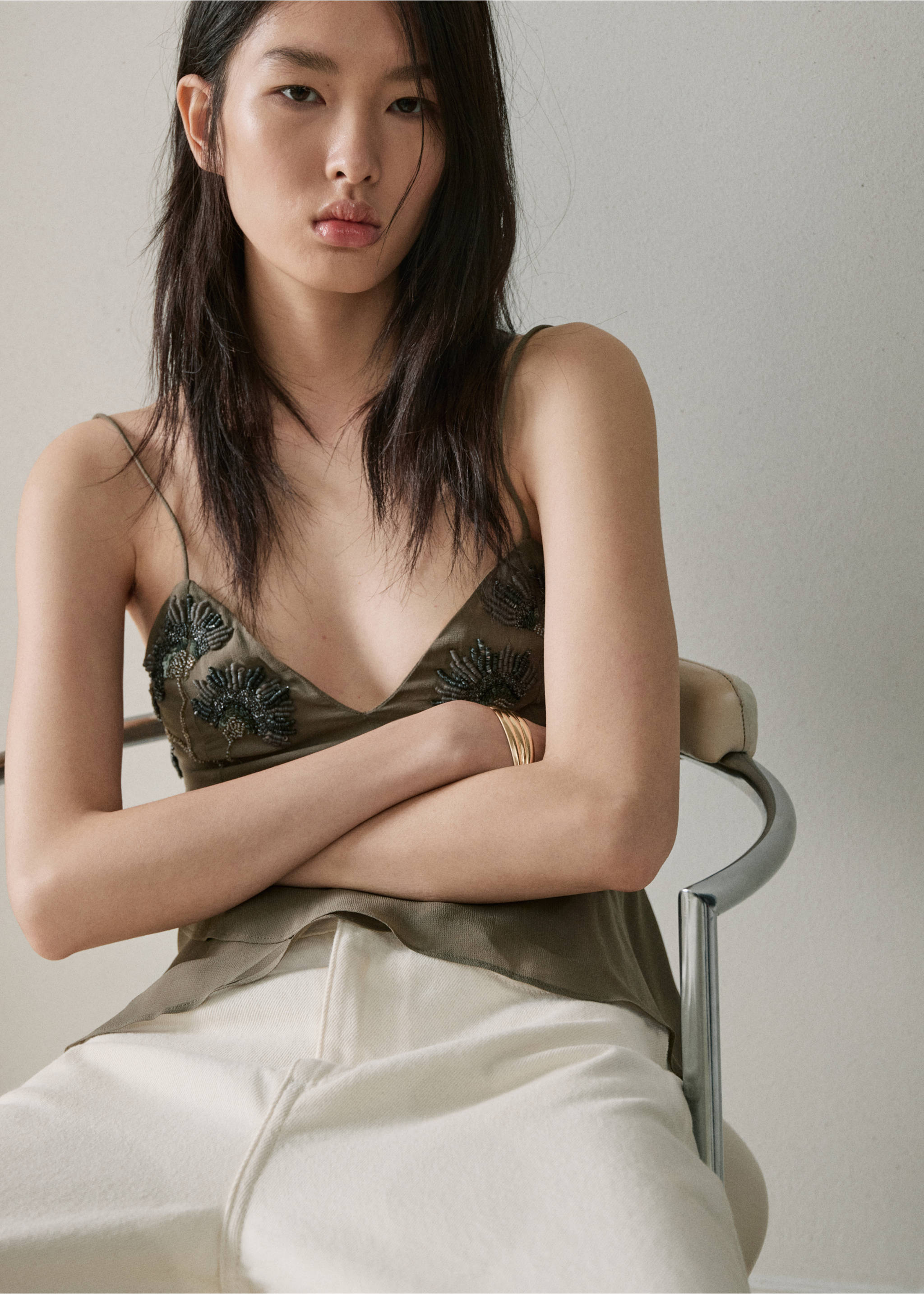 Embroidered appliqué top - Details of the article 6, Green. Ref: 27087160-00.