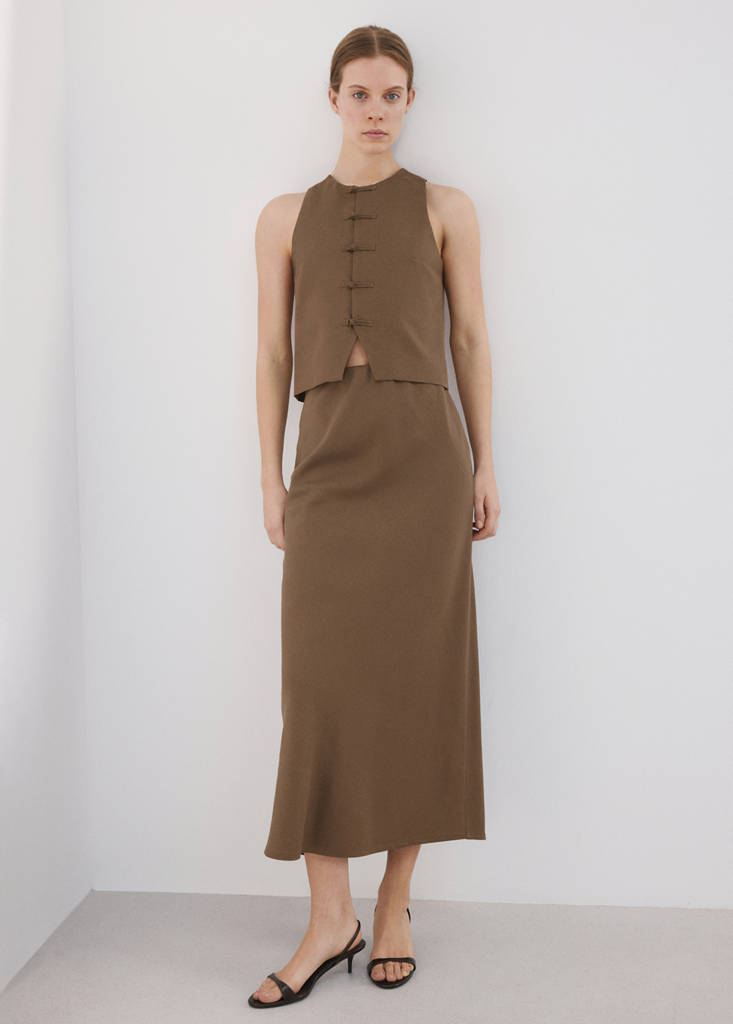 Linen-blend straight skirt — Brown