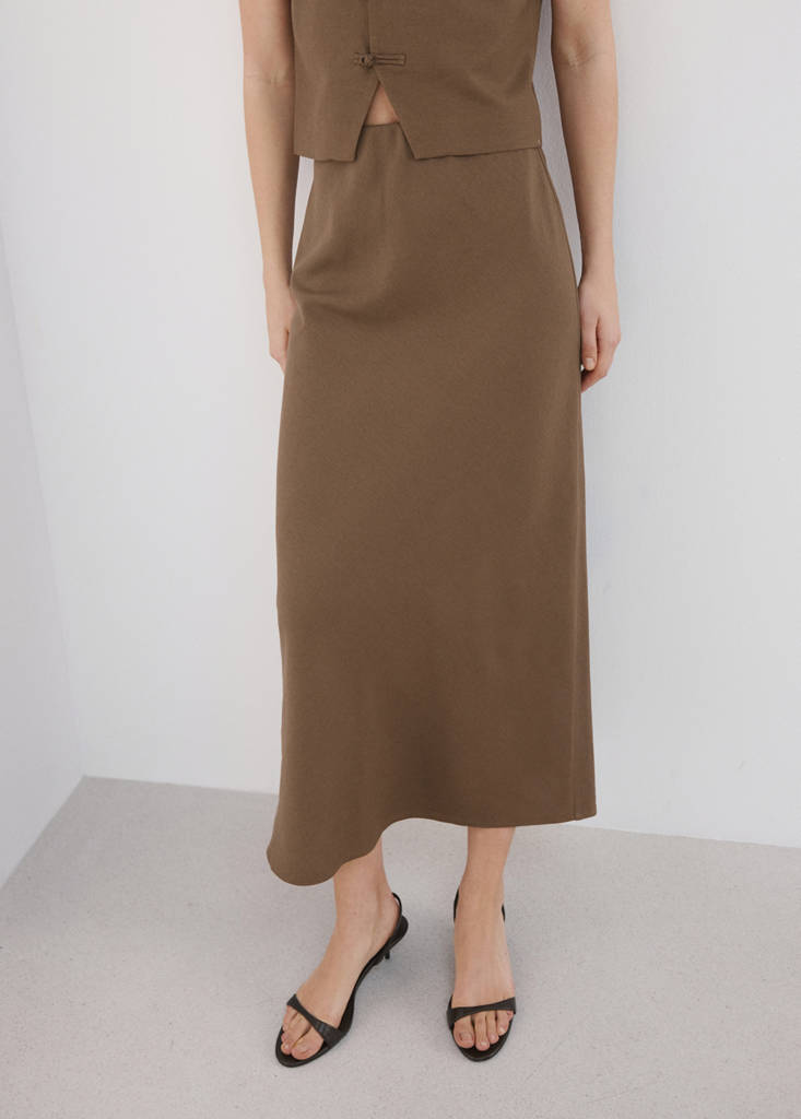 Linen-blend straight skirt — Brown