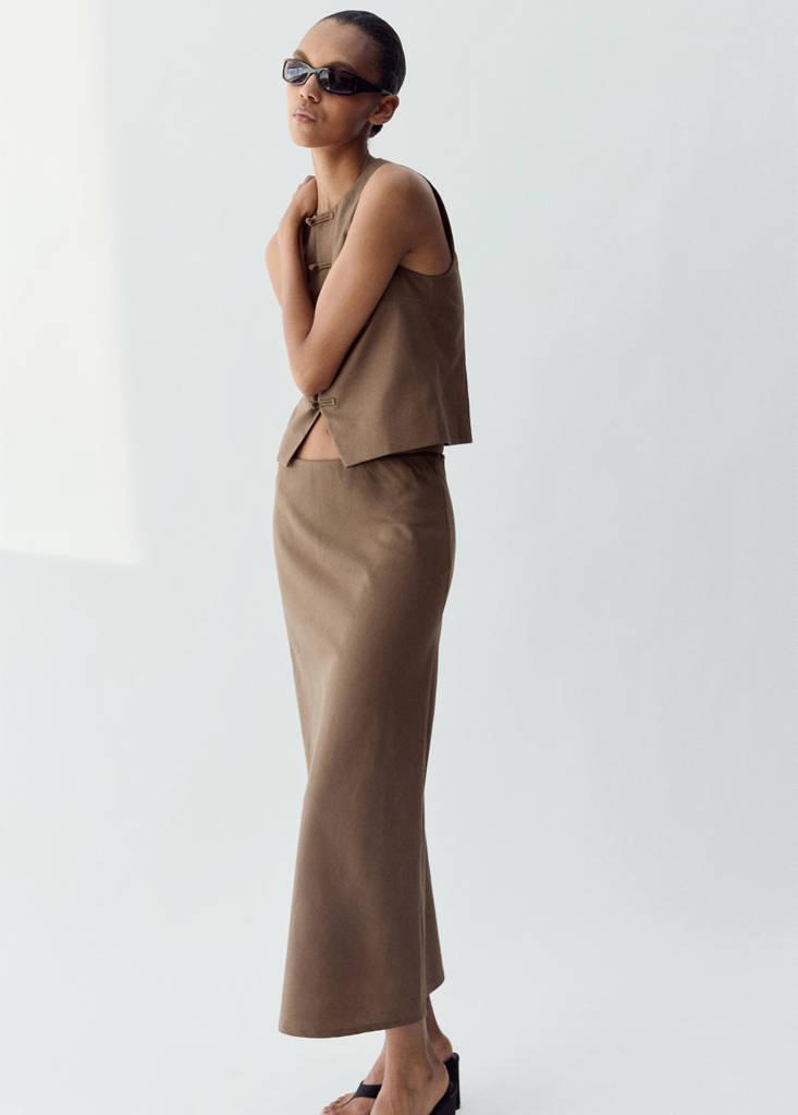 Linen-blend straight skirt — Brown