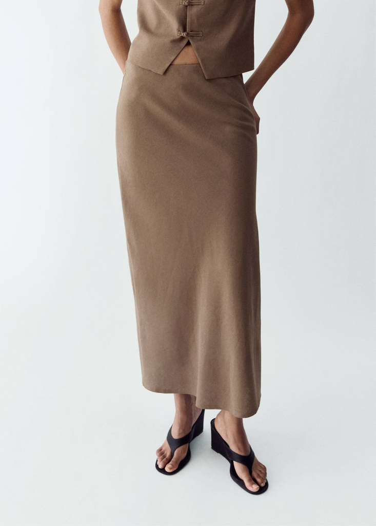 Linen-blend straight skirt — Brown